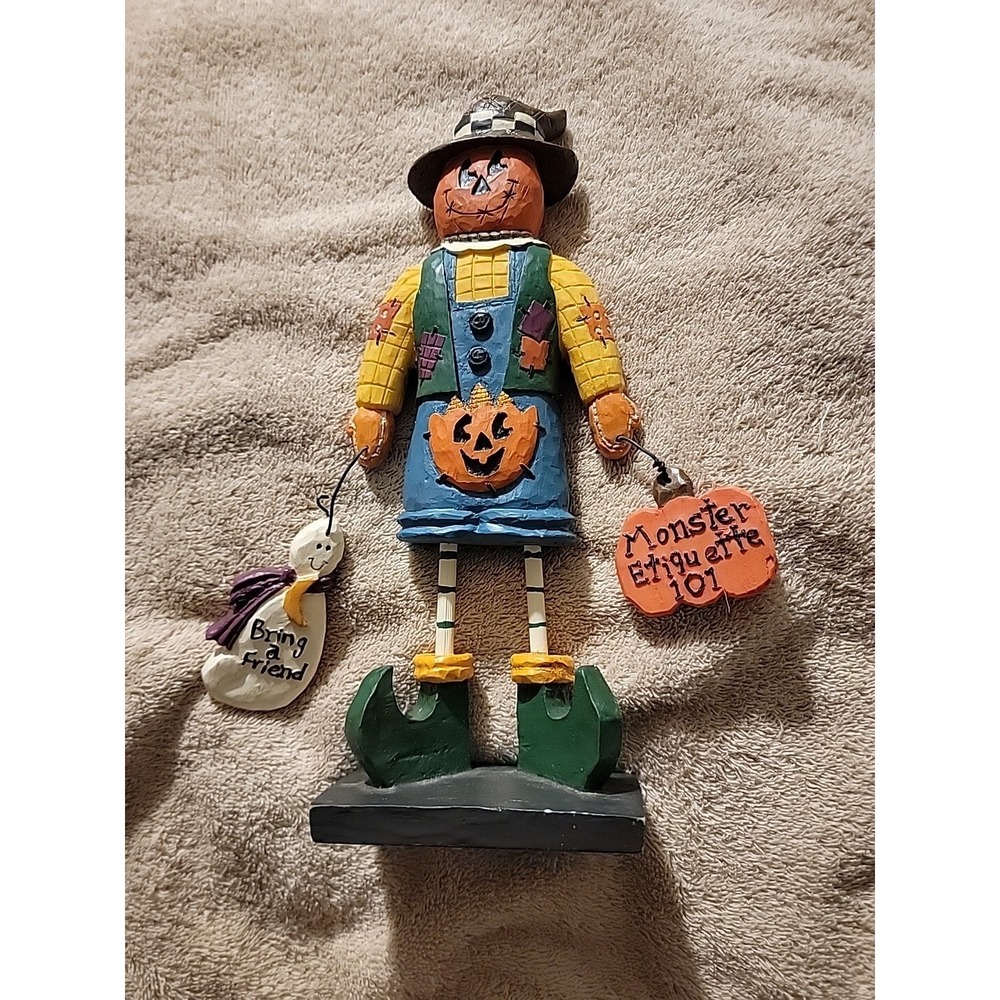 Halloween Pumpkin Head Scarecrow Figurine Resin 11 Inches Tall Adorable